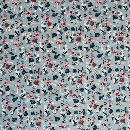 Tissu coton Oeko-Tex imprimé fleuri Scandy Bleu gris