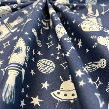 Tissu popeline de coton  imprimé Spaceworld Bleu marine