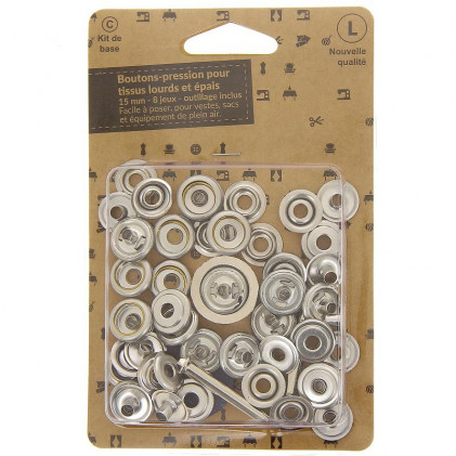 Boutons pressions tissus épais 15 mm + outillage ST Gris argent