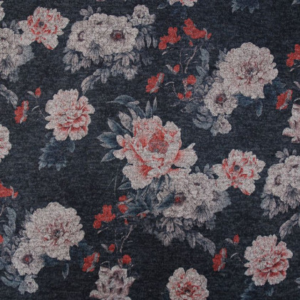 Tissu jersey effet maille Flowers Bleu