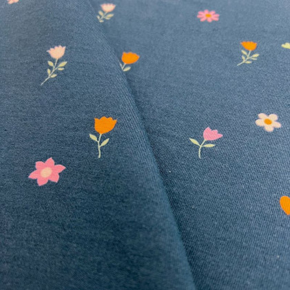 Tissu jersey Coeurs & Fleurs Poppy Bleu canard