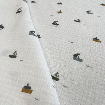 Tissu double gaze Oeko-Tex imprimé Bateaux Blanc