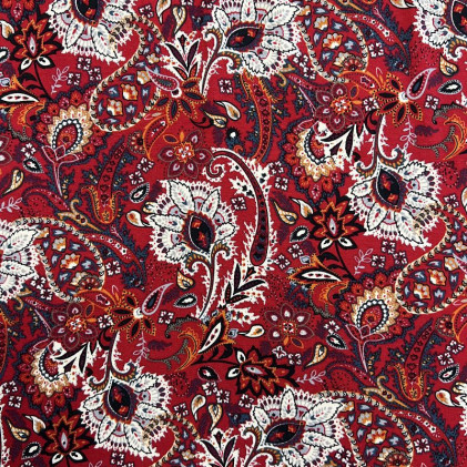 Tissu jersey viscose élasthanne imprimé fleurs indiennes Rouge pourpre